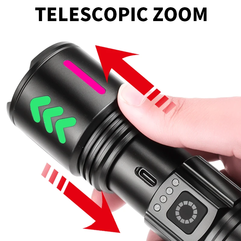 30w LED 1000m Flashlight USB Type-C Rechargeable Power Bank IPX4 Waterproof Camping Bright Tactical Flashlight