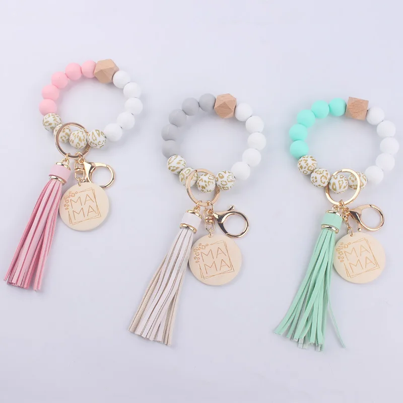 Silicone Beaded Wristlet Bangle ChainCute Key Ring Bracelet Car Key Chain Silicone Leopard Wristlet Keychain with Leather Tassel