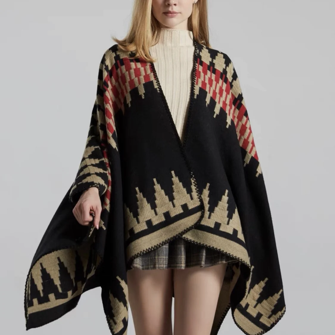 Fashion Women Ponchos Ladies Casual Spring Check Wool Cape Blanket Wrap Cashmere Poncho Shawl Women
