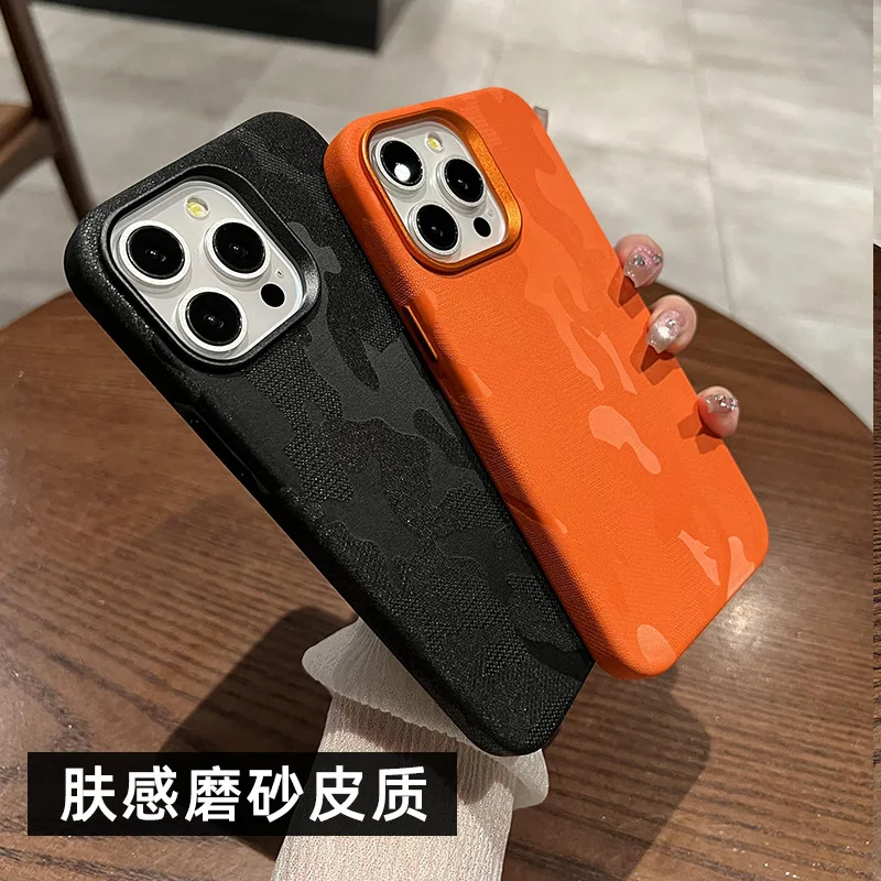 Focuses Camouflage Leather Magnetic Case for iPhone 12 13 14 15 16 Pro Max Plating Lens Matte Wireless Charging shockproof cover