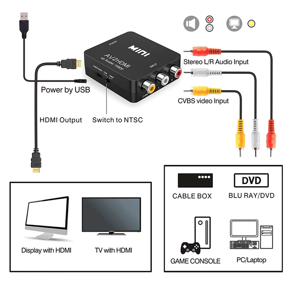 Doonjiey 1080P AV to HDMI Video Converter Mini RCA Composite CVBS Adapter Supporting PAL/NTSC with USB Charge Cable AV to hdmi