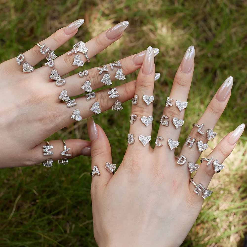 9 Toderi Fine Jewelry S925 Sterling Silver Gold plated Women lady 26Initial Alphabet Heart 5A Zircon Open Adjustable Ring