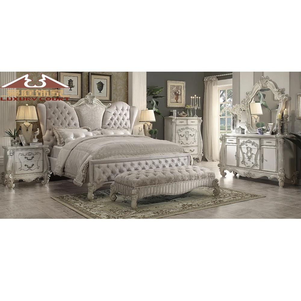 Longhao italian queen size king size bed wholesale set design  Antique White Bedroom Furniture Set