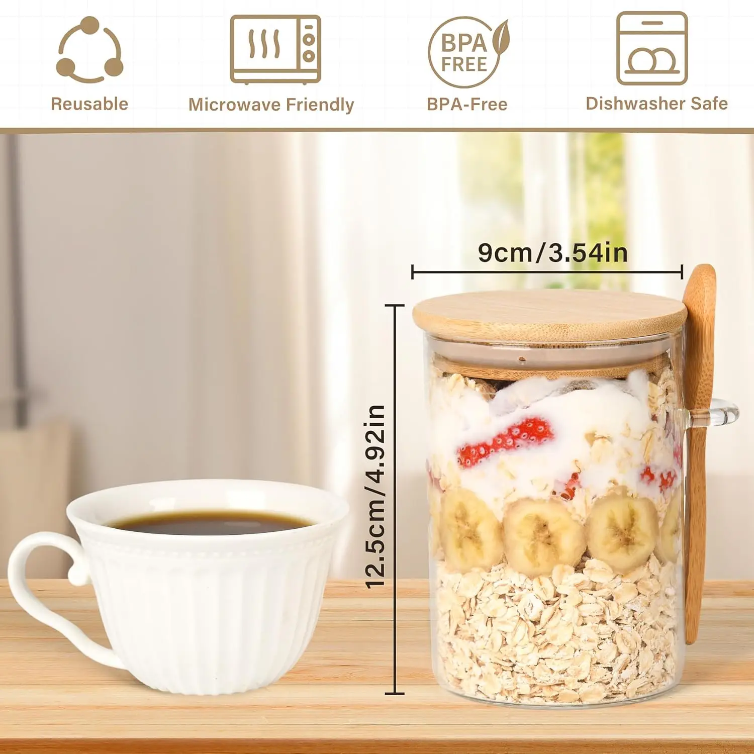 Wholesale Kitchen 18 Oz High Round Overnight Oats Containers Glass Jar with Wooden Lids Spoons for Chia Seed Pudding Yogurt