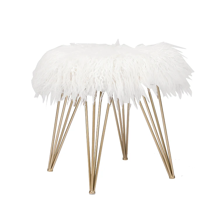 Hot Sale Unique Fashion Modern European Style Living Room Bedroom Furniture Fur Ottoman Stool With Gold Metal Legs