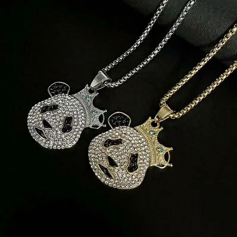 Iced Out Jewelry Stainless Steel Crystal Diamond Panda Necklace Custom Gold Plated Crown Pendant Necklace
