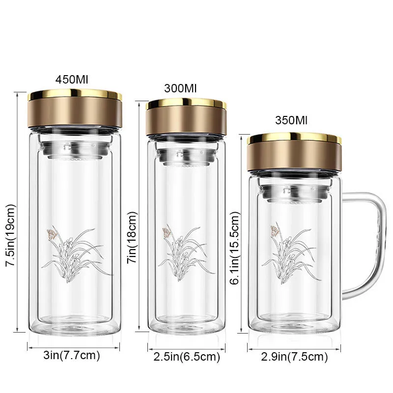 Mikenda 450Ml Water Bottle Glass Double Wall Borosilicate Glass Tea Bottle With Infuser Filter Handle