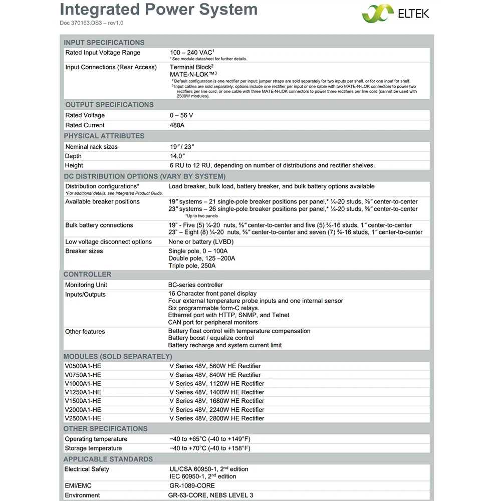 Eltek 19 inch or 23 inch Subrack Power Rack Integrated Power System DC Power Supply System Doc 370163.DS3