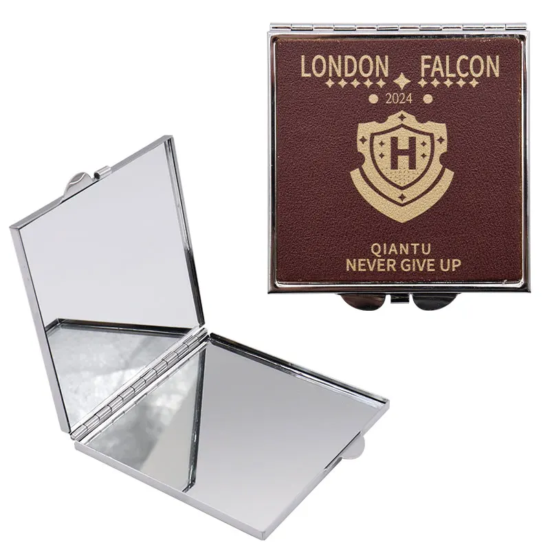Customized Blank Metal Makeup Compact Mirror Small round Square Pocket Mirrors with Laser Engraving on Leather Glass Finishing