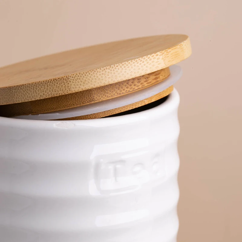 Wholesale Tea Coffee Sugar Ceramic Canister Set With Wooden Lids