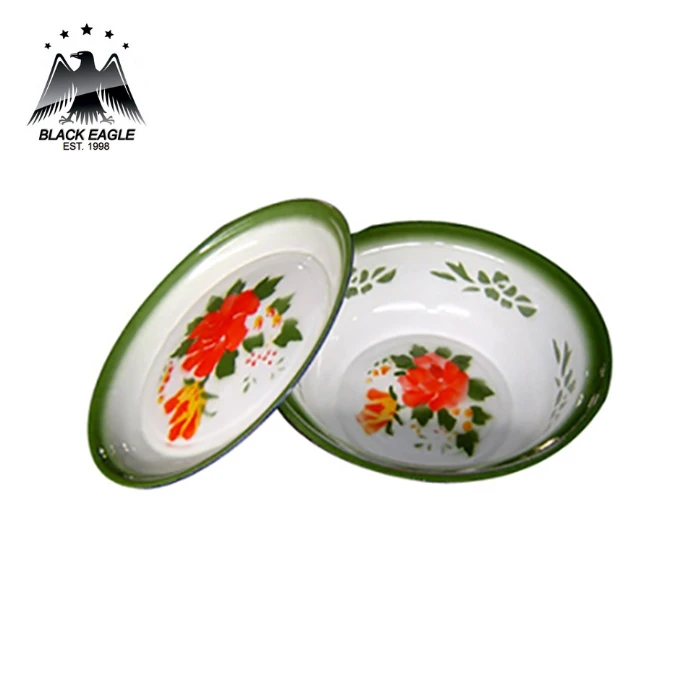 Cheap price African style custom color flower pattern large size tableware metal steel enamel deep rice plate