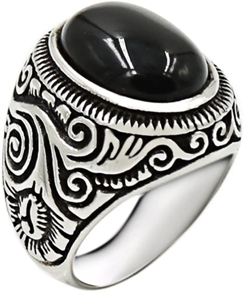 Retro Vintage Stainless Steel Turquoise Onyx Ring Natural Stone Ring Stainless Steel  Boy Rings