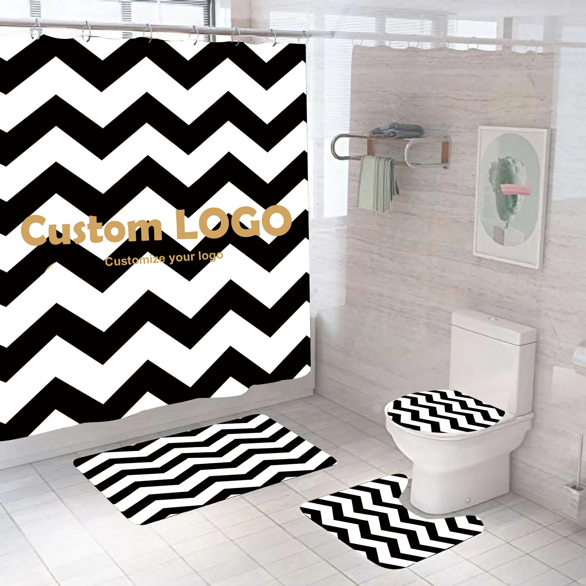 Hotel Elegant Plastic 3d Print Custom Logo Bathroom Rug And Shower Curtain Kids Polyester Set 4 Piece