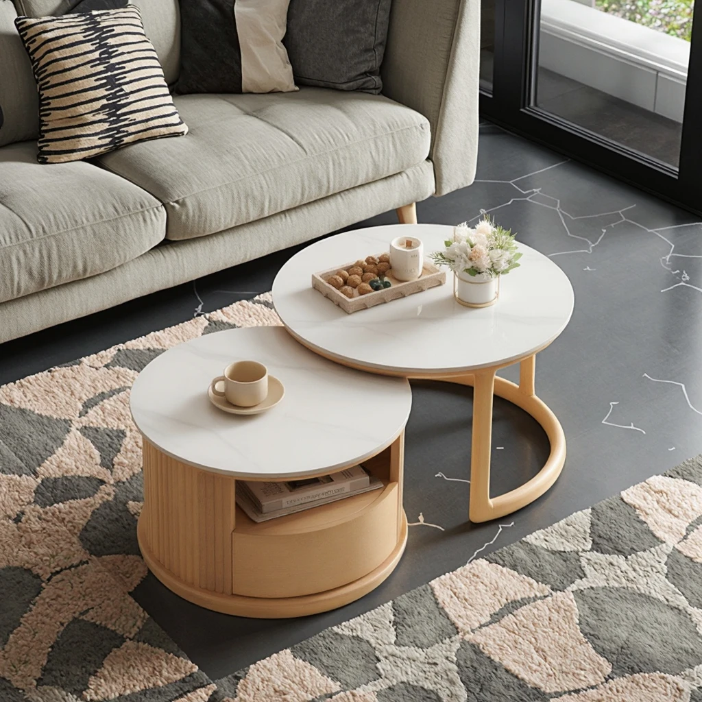 Минималистичный журнальный столик в американском стиле с мраморной столешницей круглый выдвижным ящиком для хранения