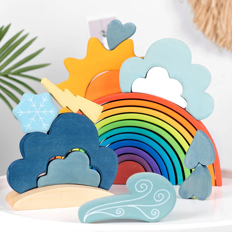 Kids Wooden Toys Weather Stacker Blocks Baby Creative Cloud Snow Sun Lightning Droplet Block Educational Toy