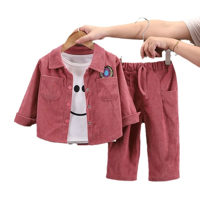 2024 Spring Autumn 1-5Y Toddler Kids Sports Clothing Sets Woolen Corduroy Solid Shirt Jacket Printed T Shirt Pants 2Pcs Summer