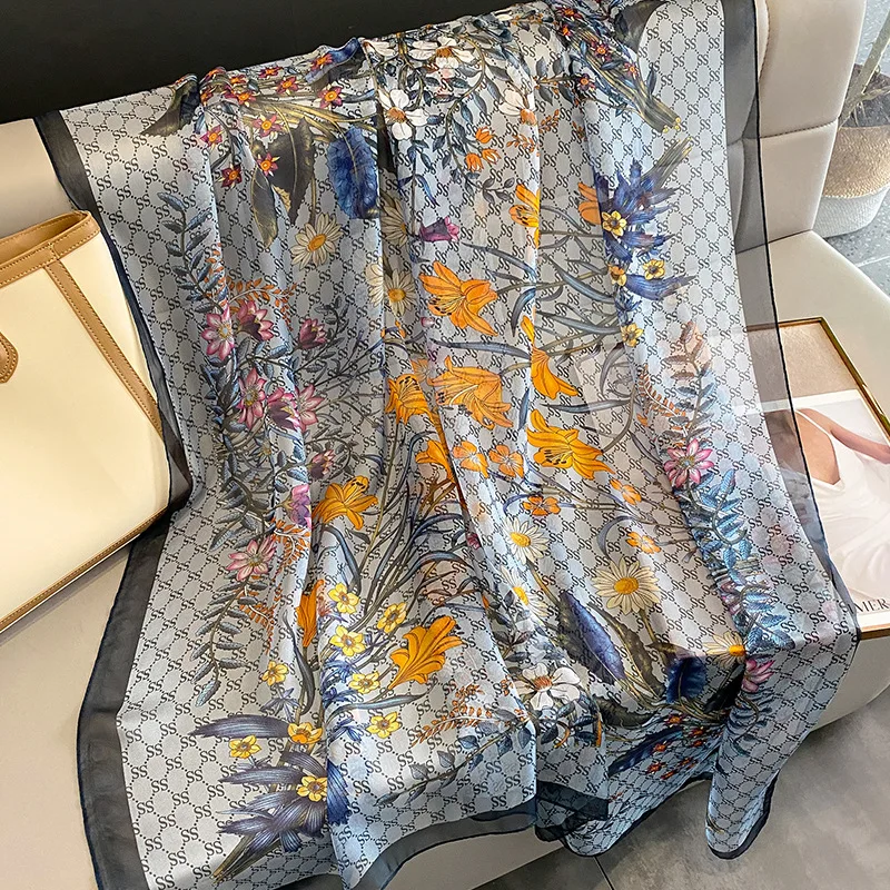 New arrival designer flower printed silk gauze scarf famous brands scarves women beach swimwear sarong cover up wrap shawls
