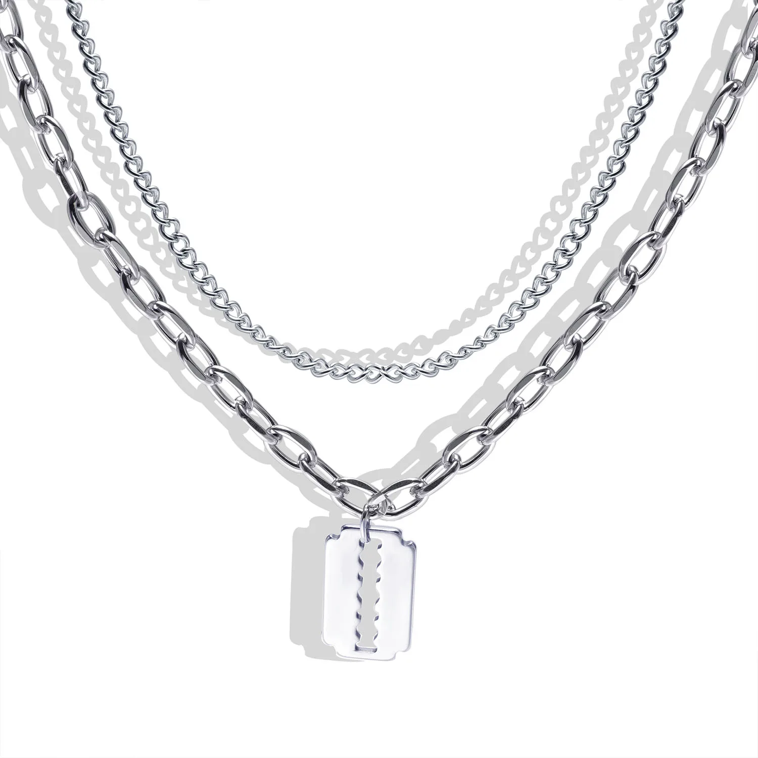 Hip Hop Style Razor Blade Pendant Double Layer Chain Necklace Men Thick Oval  Stainless Steel  Chain Necklace