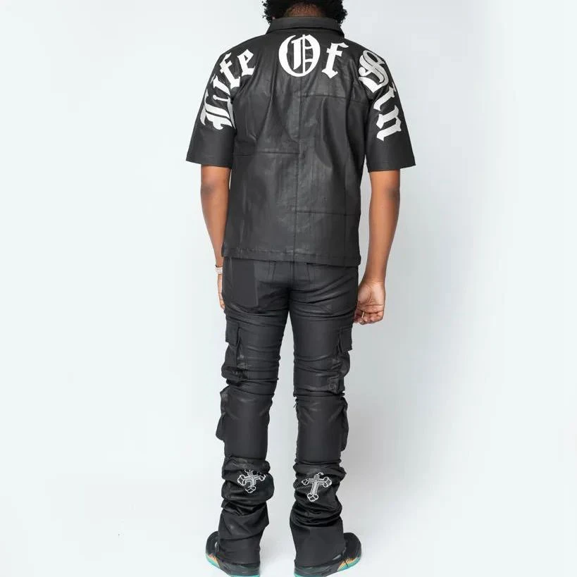 Custom Logo Leather Set Black Men Pockets Zip Up Overalls Mens 2 Piece Leather Set Shirt And Pants Set