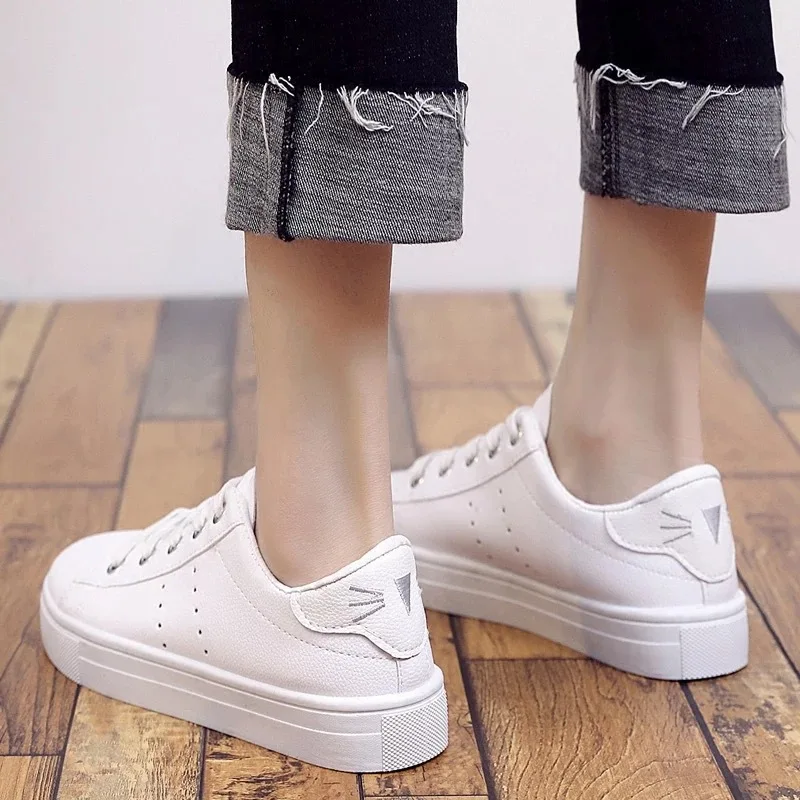 Fashion casual girls sneakers pu white flat women shoes wholesale