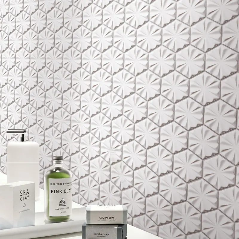 3D Glazed White Hexagon Kitchen Decoration Backsplash Wall Tiles Snowflake Pattern Glossy Bathroom Ceramic Mosaic Wall Tiles