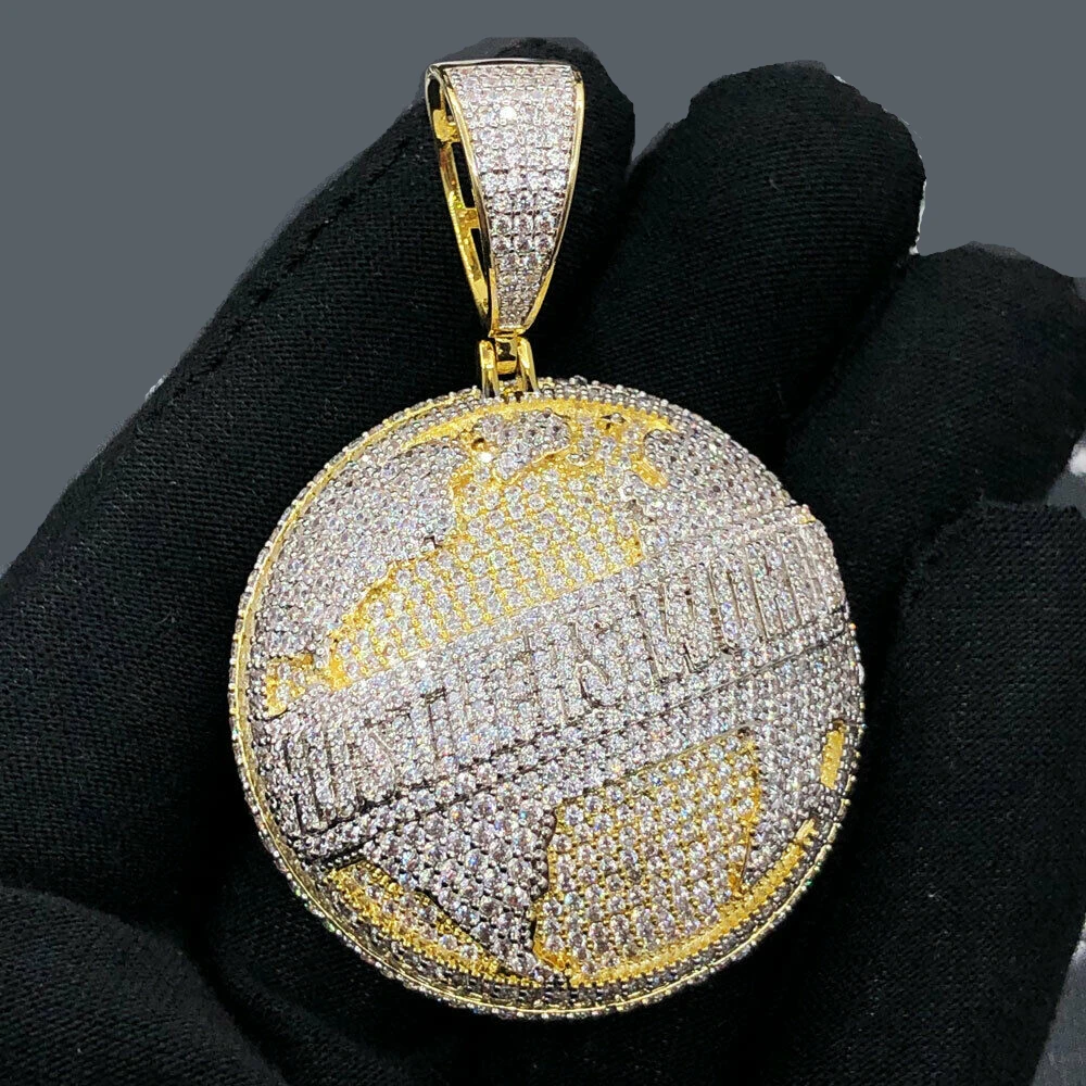 Hustlers World Globe Pendant Two Tone Gold Plated Micro Pave 5A CZ Round Map Hip Hop Men Necklace