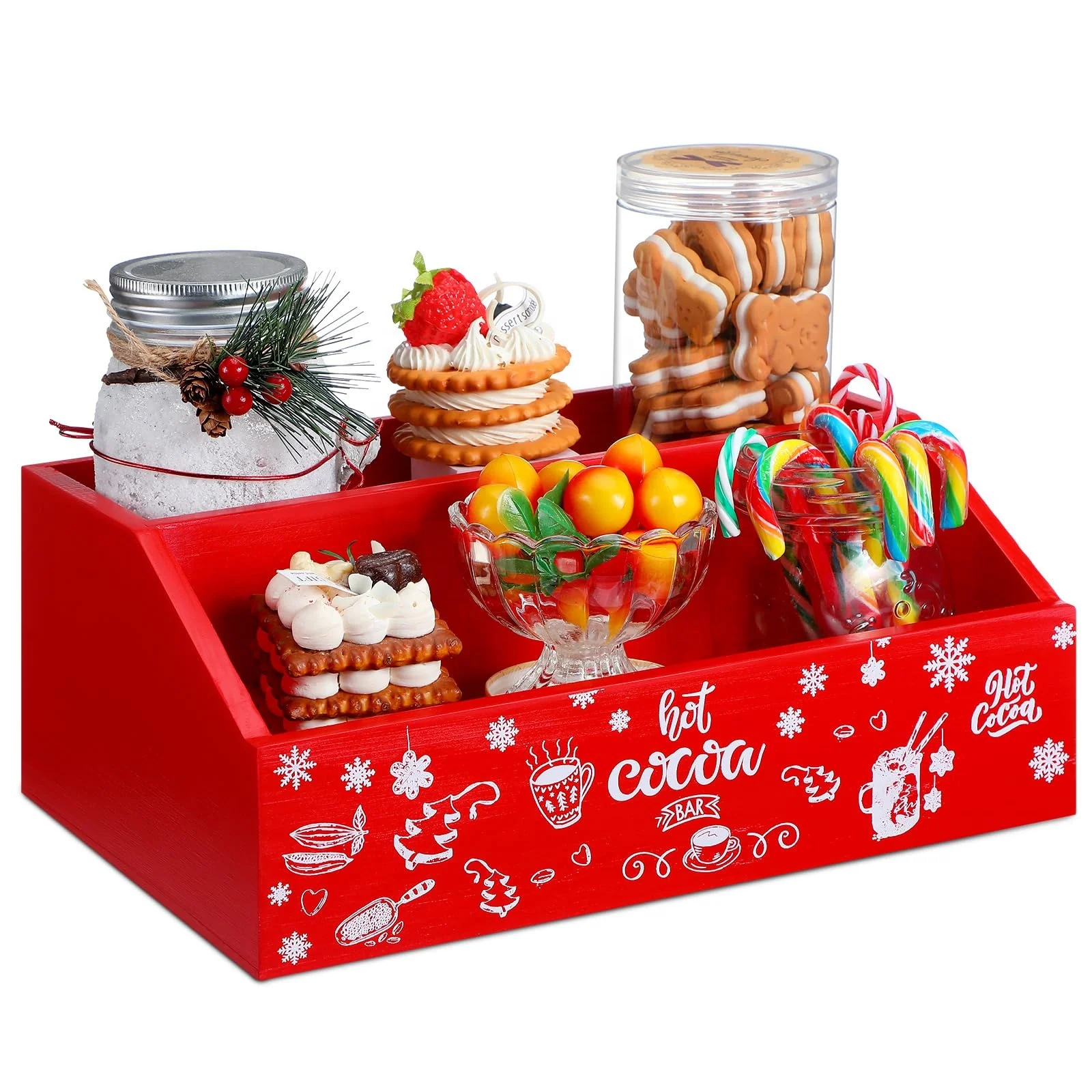 Christmas Hot Cocoa Bar Wood Storage Box Red Hot Chocolate Decorative Box Double Layer Cute Wooden Storage Bins For Home Kitchen