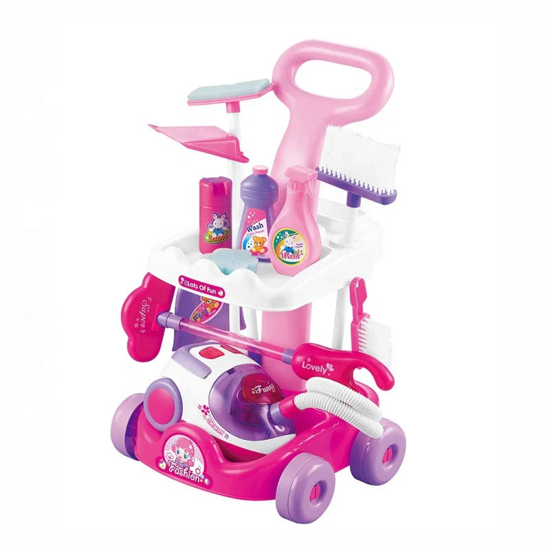 Hot Selling Children Pretend Play Home Role Plastic Trolley Sanitary Wares Tools Simulation Vacuum Cleaner Cleaning Set