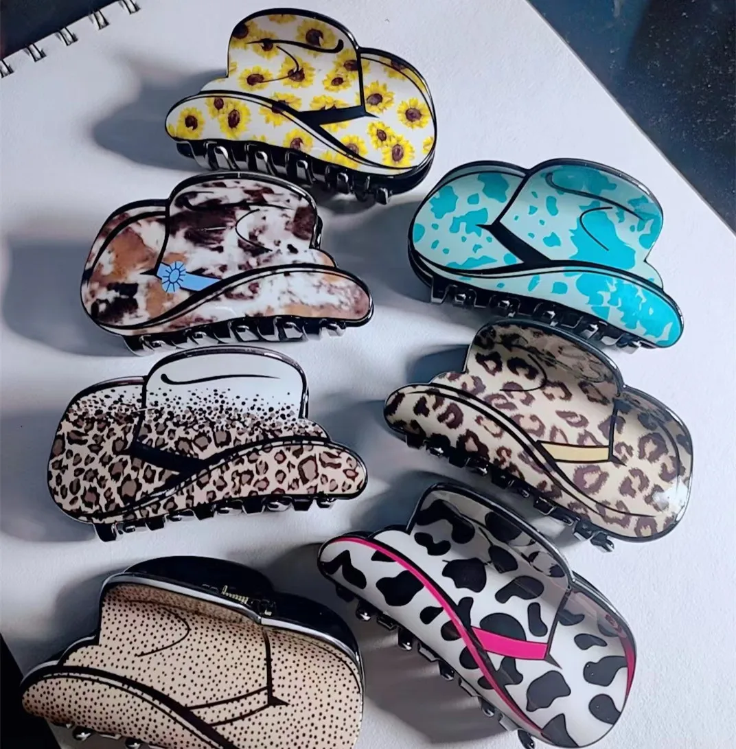 Western Cowboy Hat Boots Acrylic Hair Claws For Women Cowgirl Hair Accessories Sunflower Leopard Cow Print Shark Hair Clips