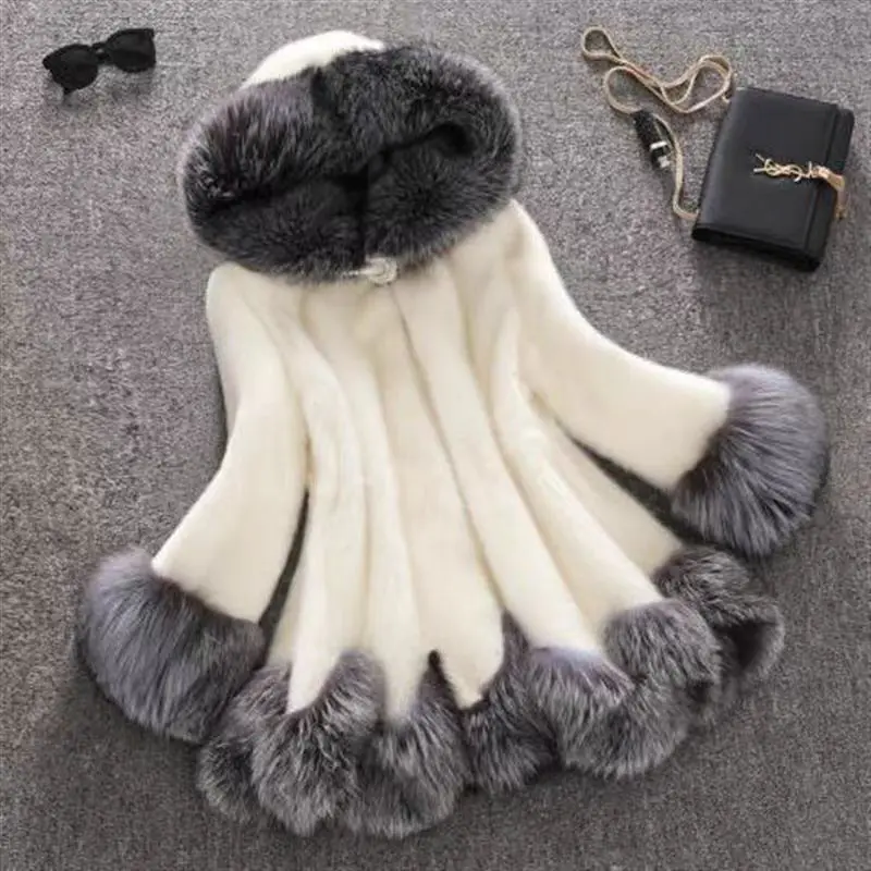 Fashion White Black Faux Mink Fur Coat&Parka Coat Jacket WIth Hood Leopard For Womens