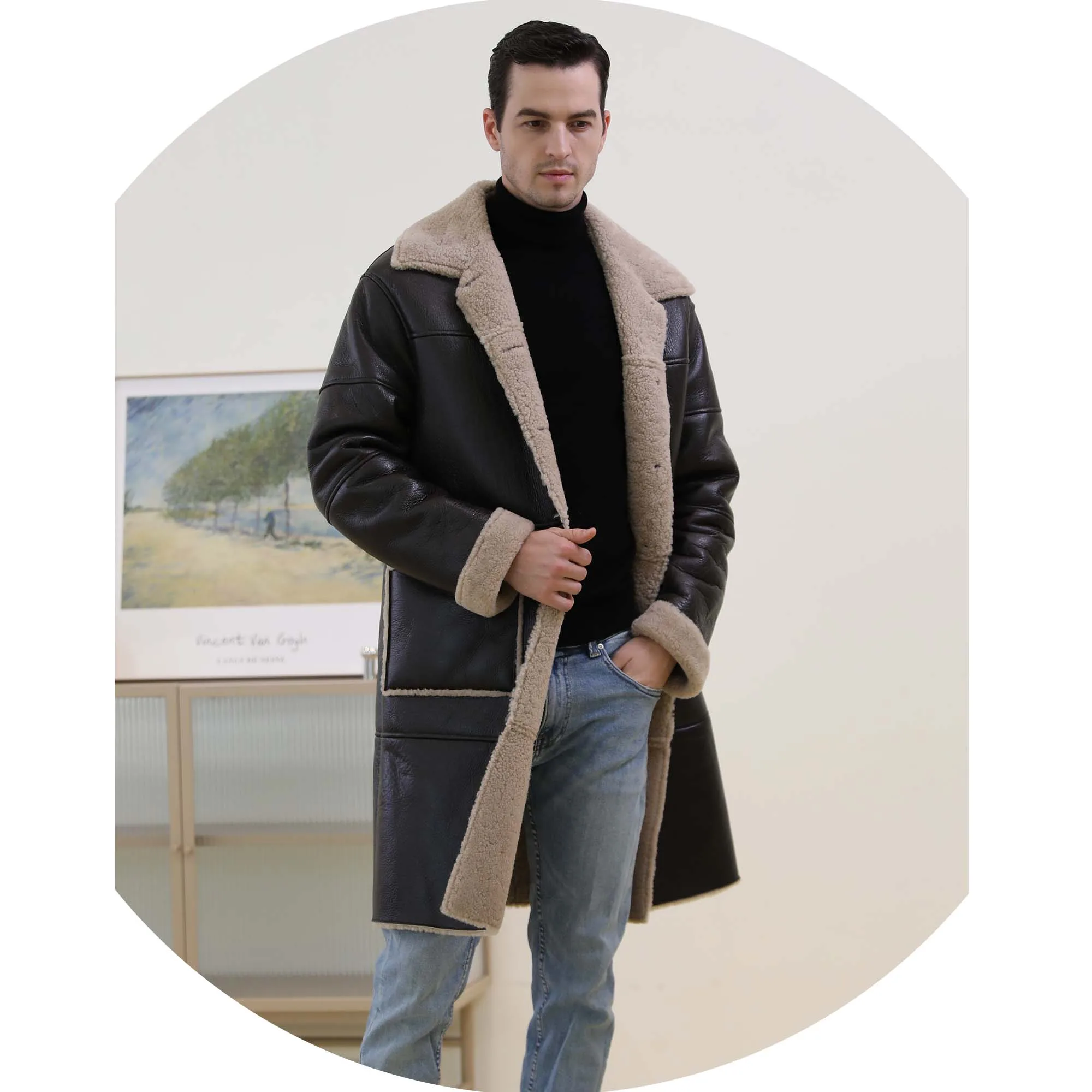 Men Windproof Sheep Shearing Doubleface Real Leather Long Men Genuine Bomber Leather Jacket