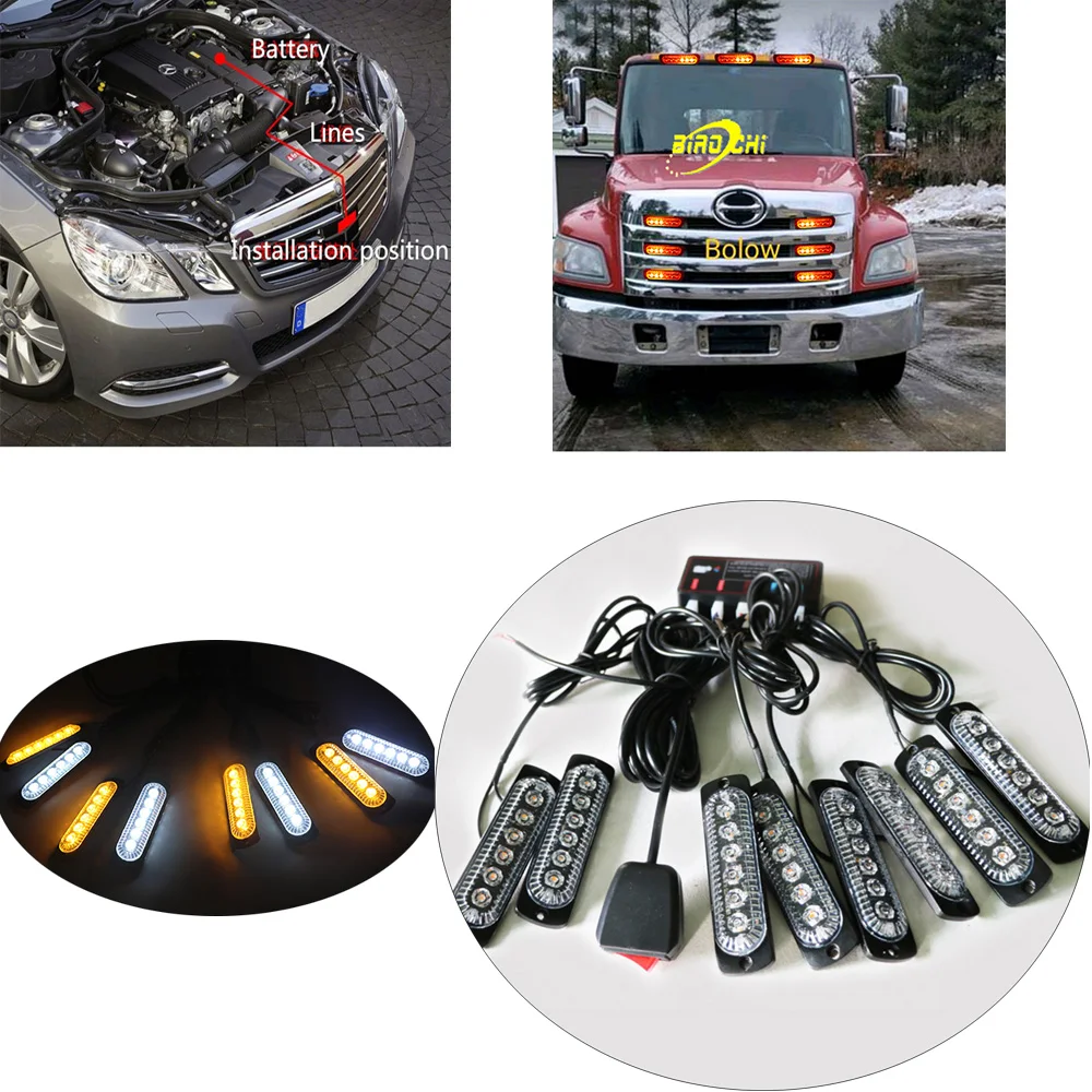 8 In 1 Front Grille Strobe Lights Kit Amber White Auto Used Car Emergency Grill Light Bar 4' 12V Traffic Safety Flashing Lights