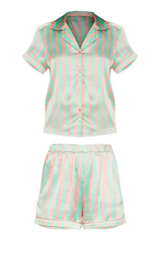 MGOO Women Printing Cream Color Satin Sleepwear Set Custom Striped Button Up Short Pajama
