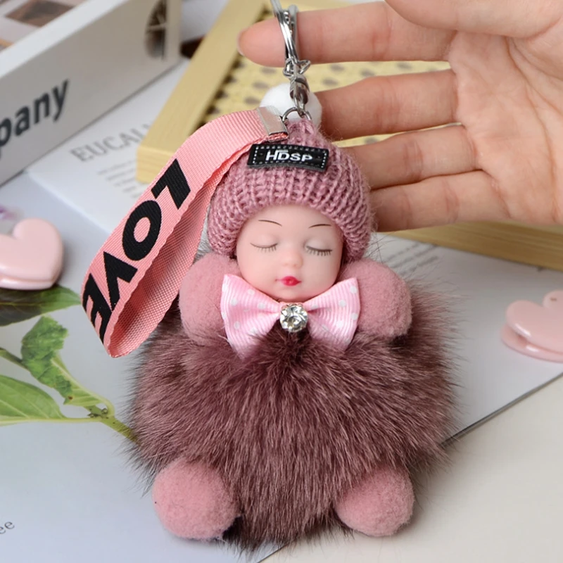 Factory Wholesale Real Fox Fur Ball Pendant Key Chain Cute Sleeping Doll Plush Accessories Car Key Ring
