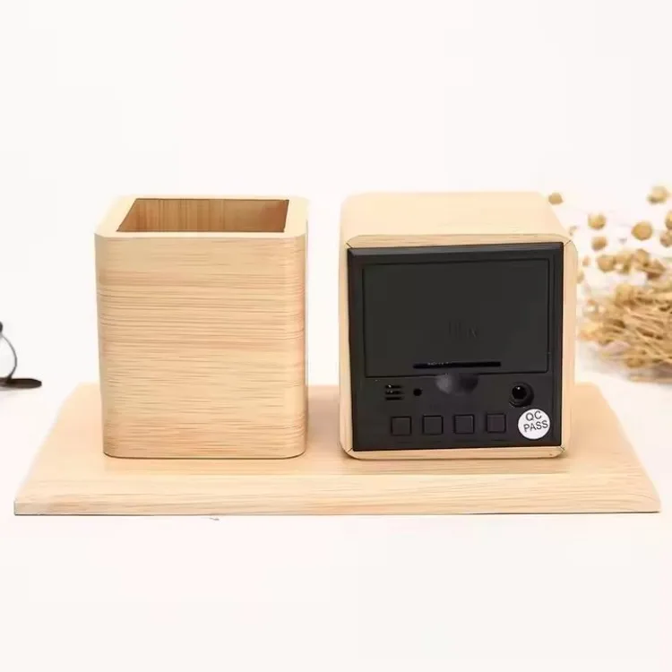 Wooden pen holder alarm clock desktop home living room voice control Stylish led wood penstudent digital mute clock