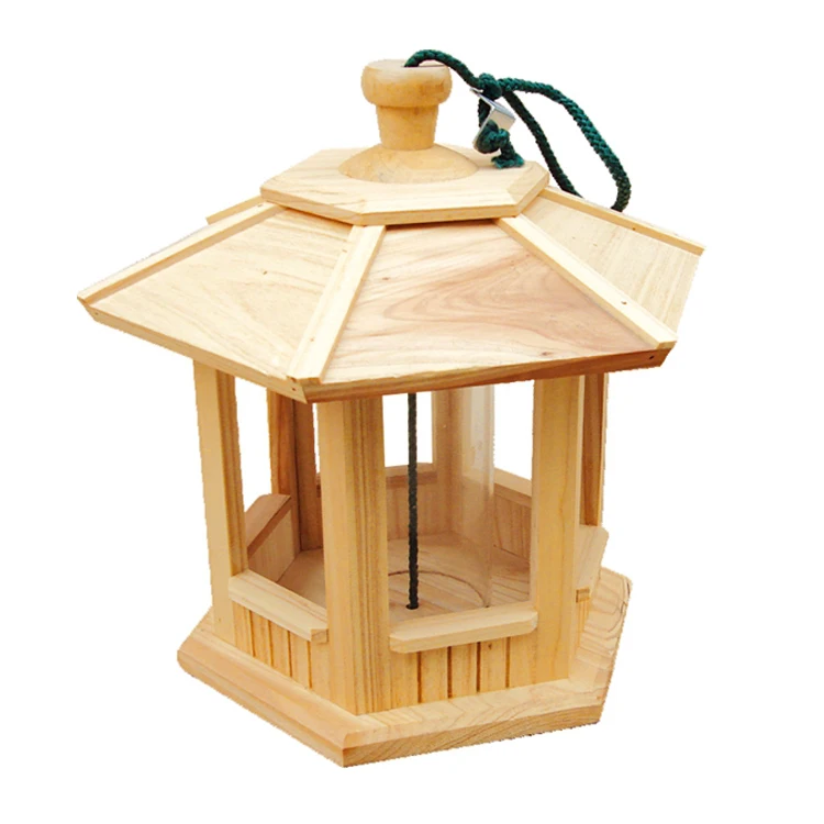 Yocan hexagonal roof natural wooden tube Wild hanging Bird Feeders Wholesale