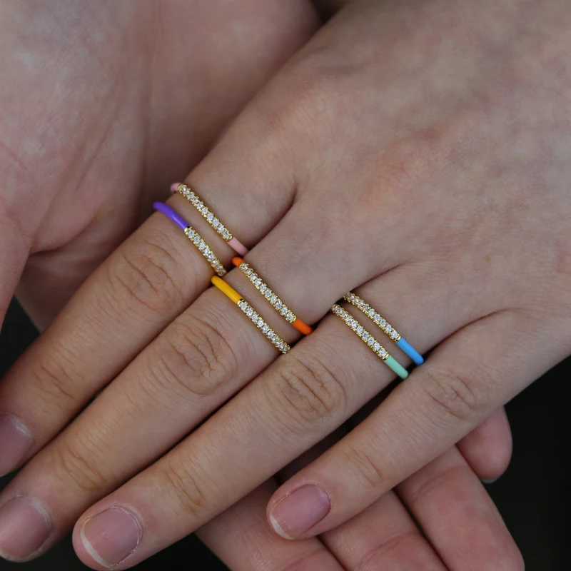 Delicate Gold Plated Fine Jewelry Micro Pave Cubic Zirconia Candy Rainbow Enamel Wave Stacking Ring For Women