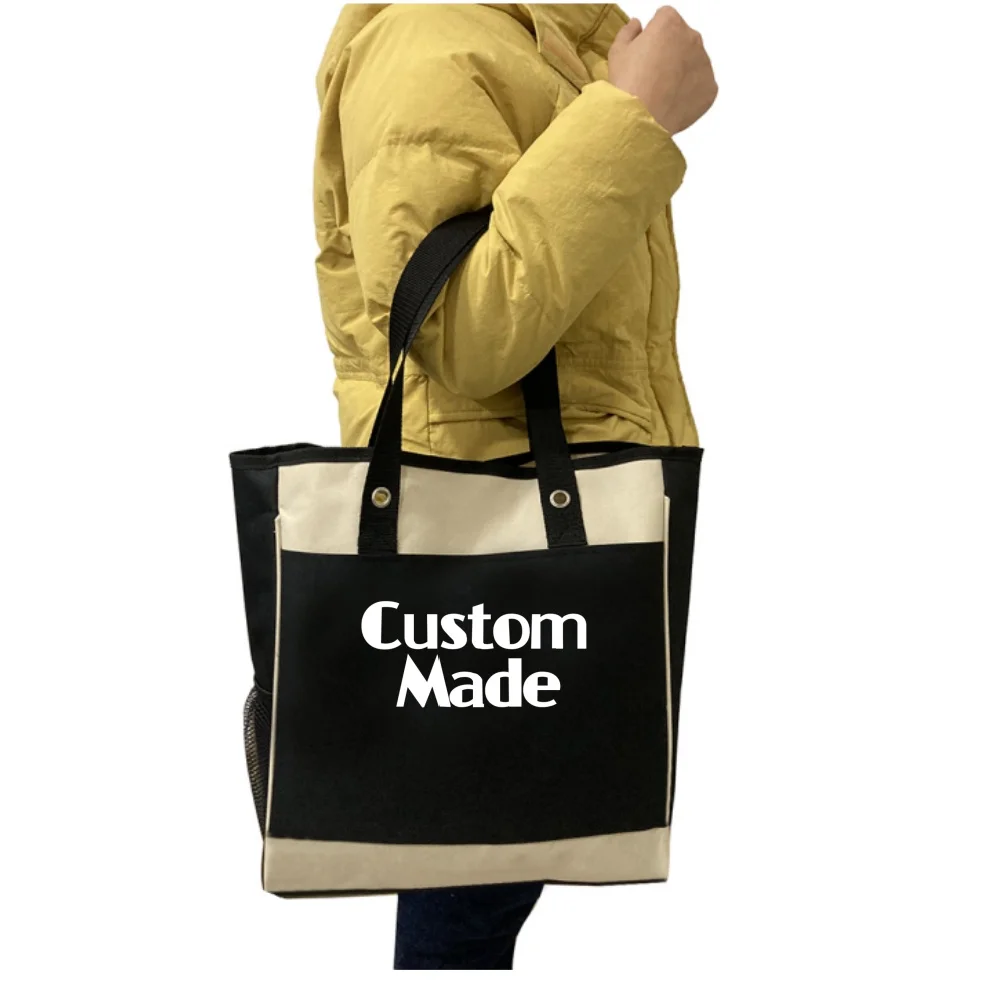 Customized Printed Logo Shoulder Tote Shopping Storage Bags With Zipper And Pocket