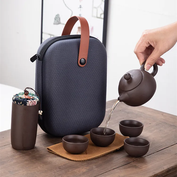 Portable Ceramic Tea Cup Set: Porcelain Teapot Set with Shockproof Storage Case Purple Clay Pot Cup Tea Set With Travel Bag
