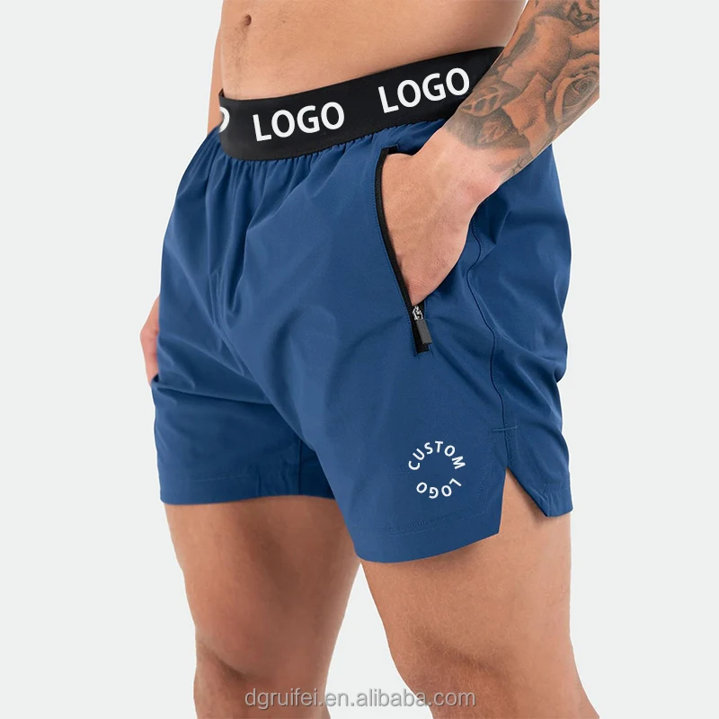 Custom logo waistband sustainable split hem pour hommes 5 inch inseam sports activewear workout athletic gym shorts for men