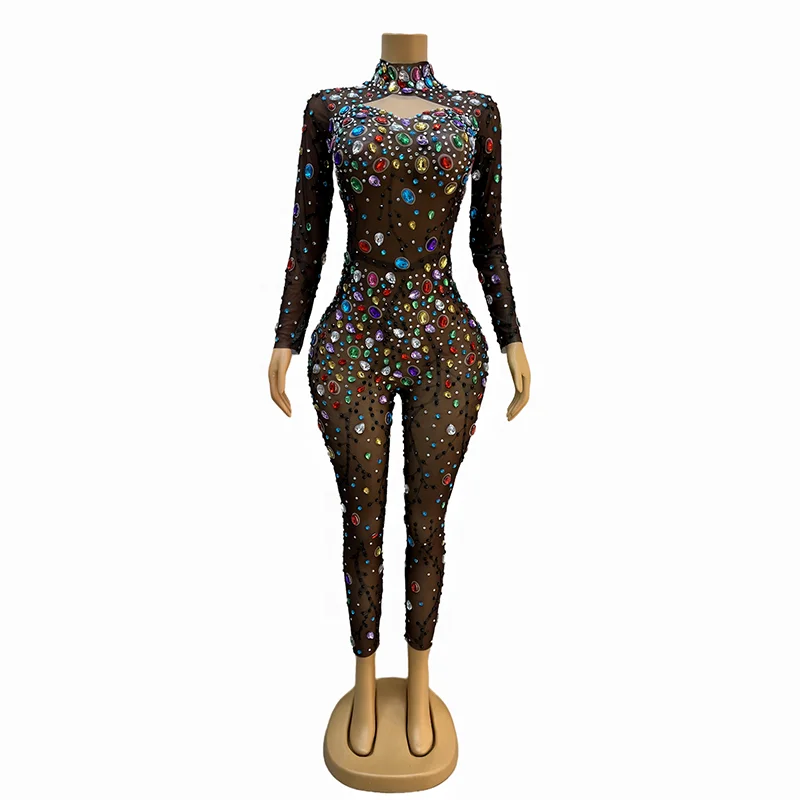 Colorful Big Rhinestones Brown Mesh Bodysuit Evening Birthday Sexy Jumpsuit Dance Performance Costume