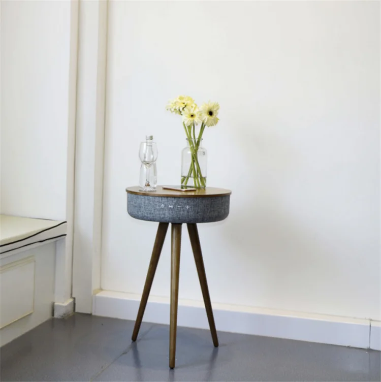 
Modern Living Room Round Smart Speaker Wireless Charger Coffee Table Set With Wooden Leg 