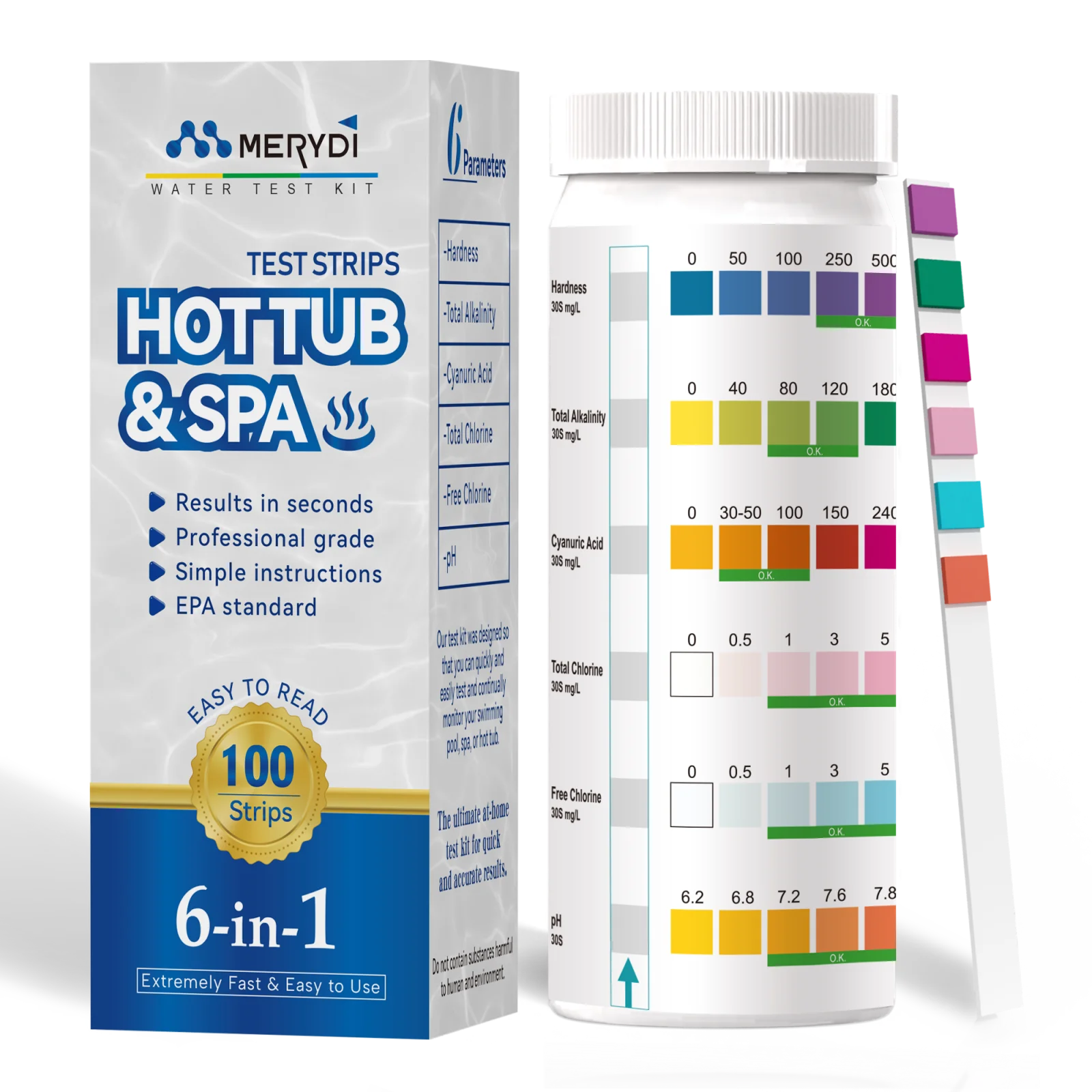 Pool Test Strips Water Chemical Testing for Hot tub and Spa Accurate Test Bromine Alkalinity pH Chlorine Hardness Cyanuric Acid