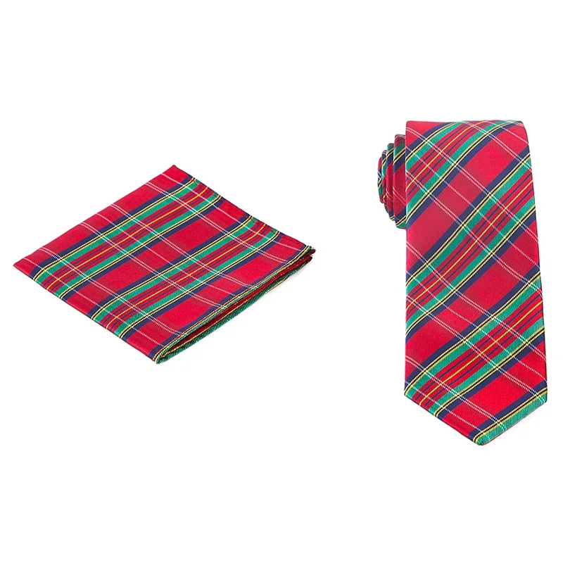 Custom Mens Gravate Tie Set Orange Plaid Woven Microfiber Necktie  Pocket Square Cufflinks Set with Gift Box for Men