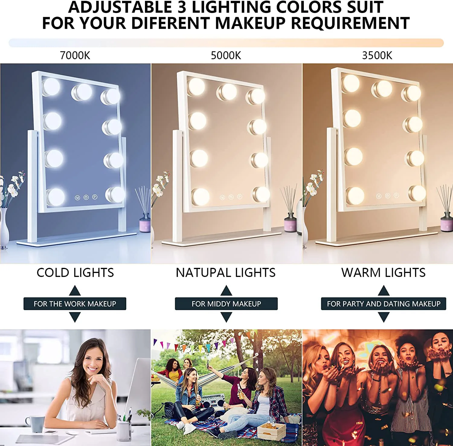 2024 New Trendy touch switch metal makeup hollywood Cosmetic Mirror LED vanity mirror with dimmable light bulbs bedroom