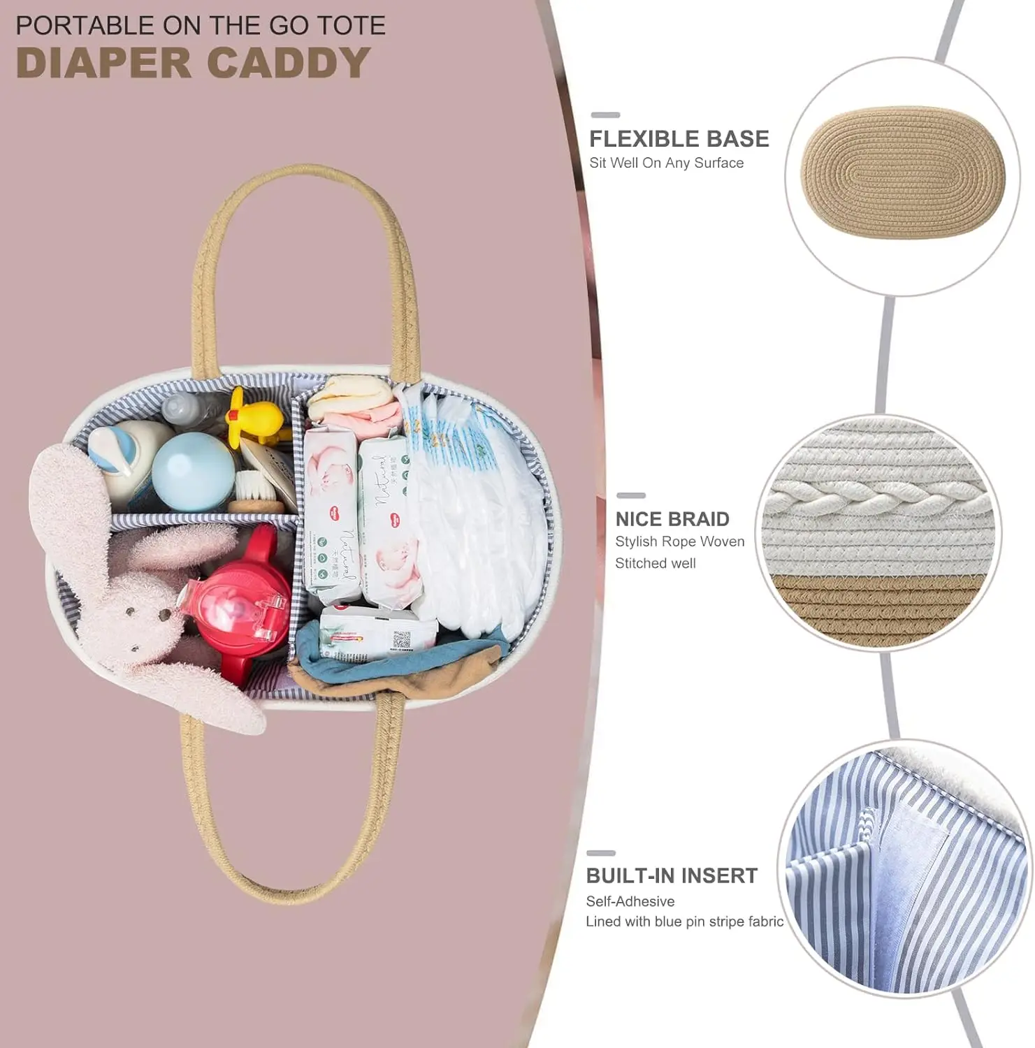 Rope Woven Nursery Storage Basket with Adjustable Divider ,Baby Diaper Caddy Organizer, Portable Car Travel Diapers Organizer