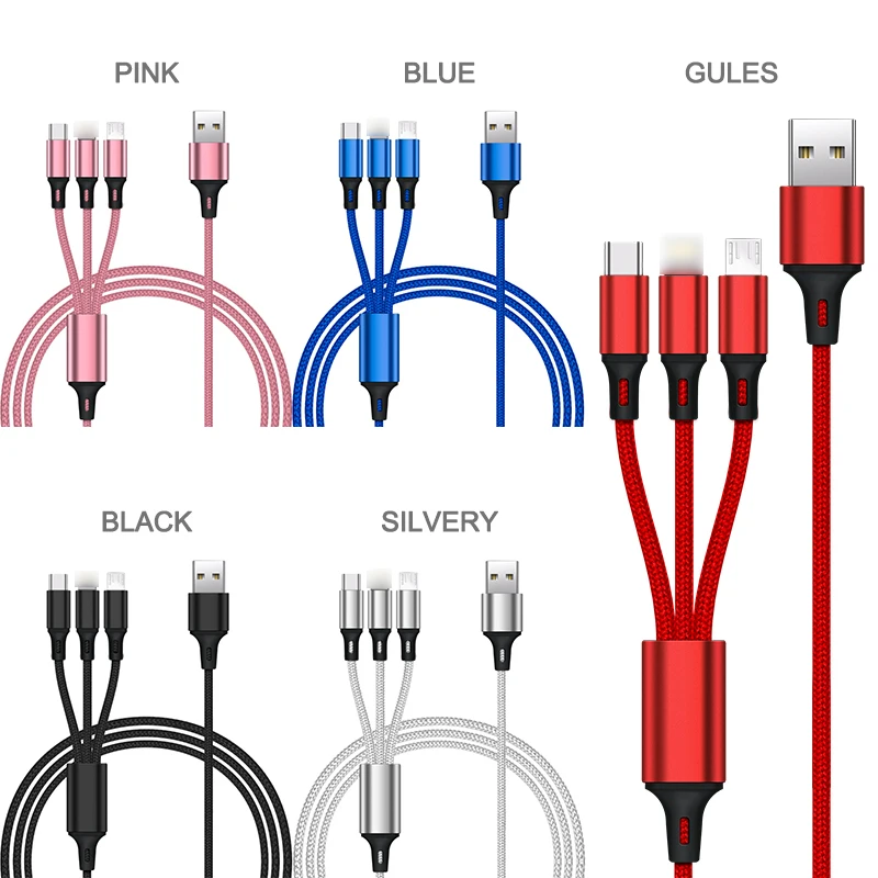 Nylon Braided 3ft 6ft 10ft 3 in 1 quick charging three port 2A Usb Cable for iphone for samsung