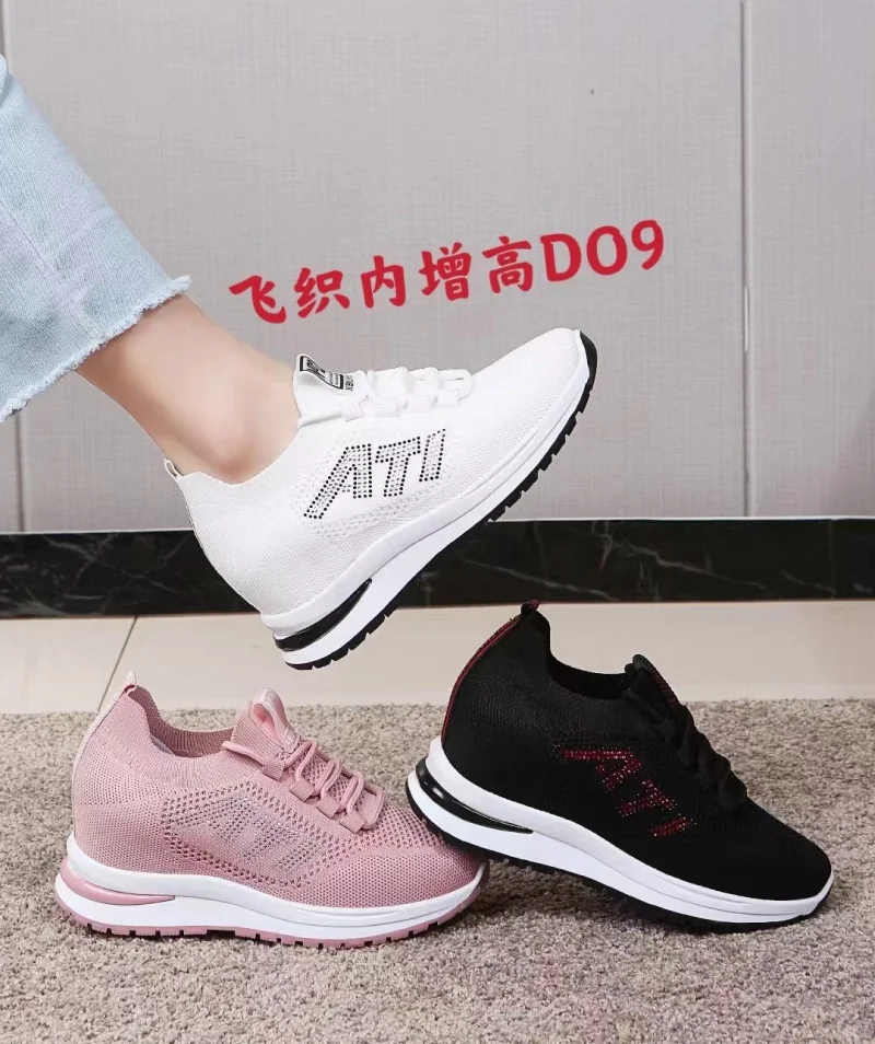 2023 Factory wholesale pink white flyweaving casual running shoes women height increasing sneaker