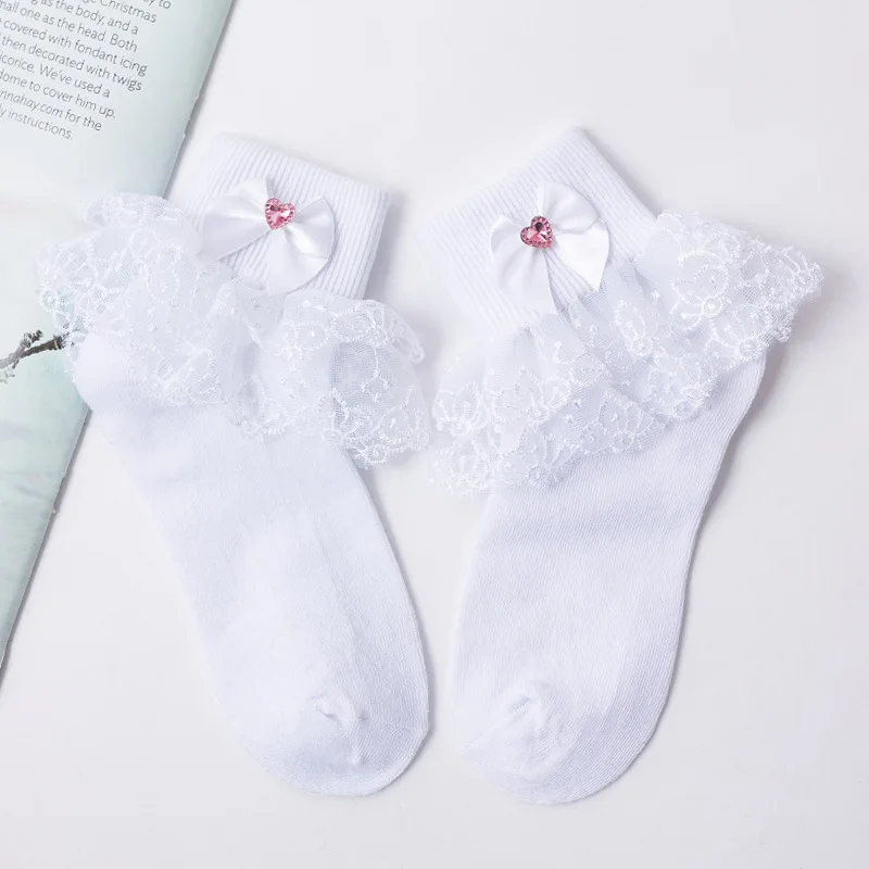 Spring Autumn Lace Lace Bow Pearl Baby Girl Socks Wholesale Ruffle White Socks For Children