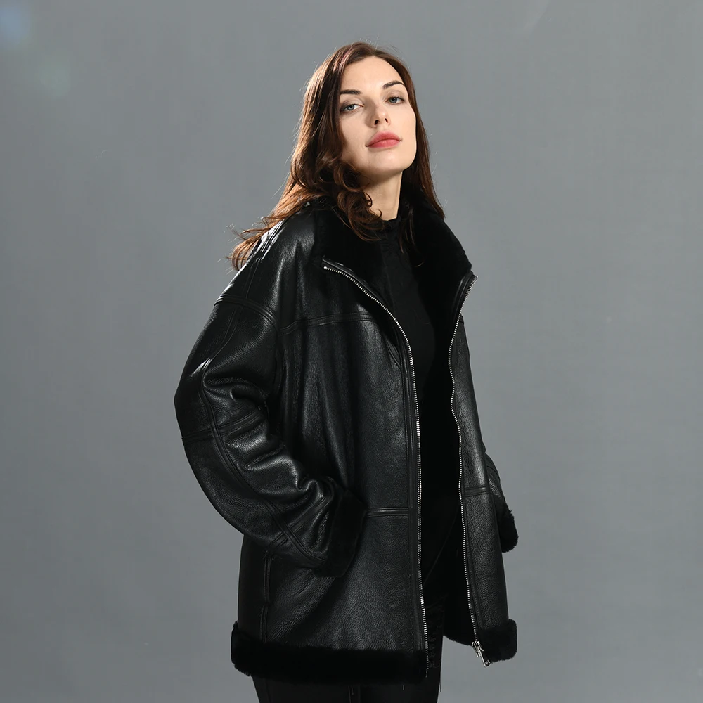 Winter Wholesale High Quality Warm Thick Real Fur Lining Smooth Zipper Design Custom Fashion Women Shearling Coats